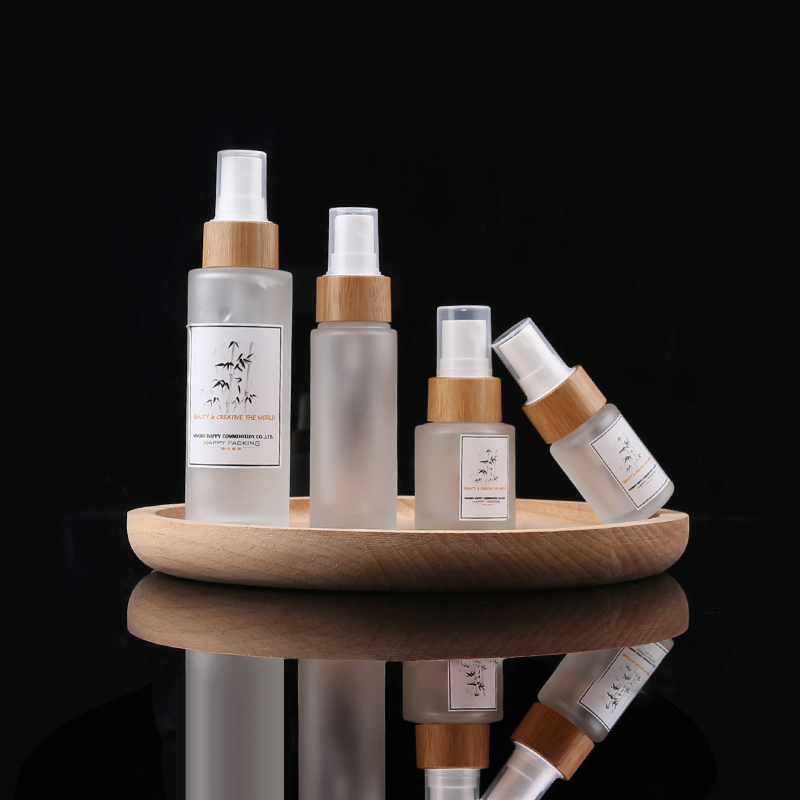 15ml 30ml 50ml 100ml 120ml 150ml bamboo spray and pump frosted glass bottle