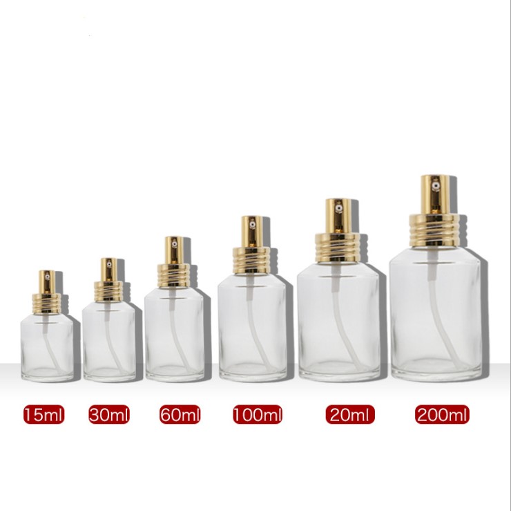 15ml 30ml 50ml 100ml 200ml transparent lotion spray glass bottle with plating golden pump