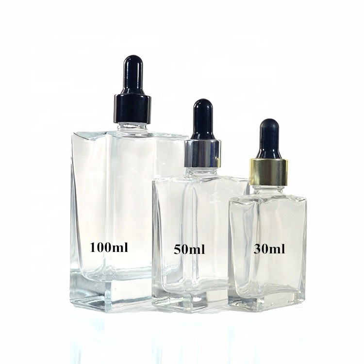15ml 30ml 50ml 100ml Flat square Rectangle Luxury Glass Dropper Bottles with shiny silver gold collar for Serum Elixir Essent