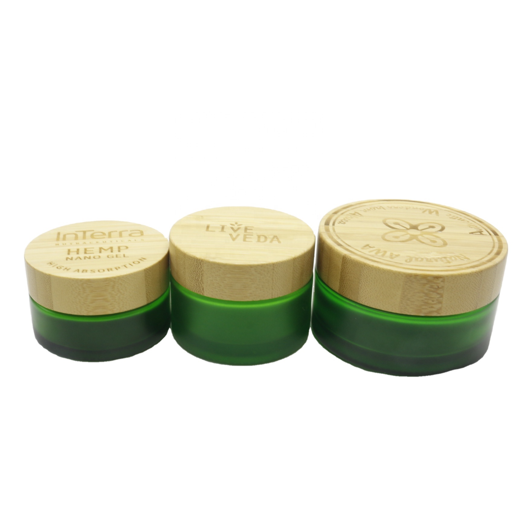 15ml 30ml 50ml 100ml frosted  green glass jars with hot stamping printing with bambo lid GJ-255K