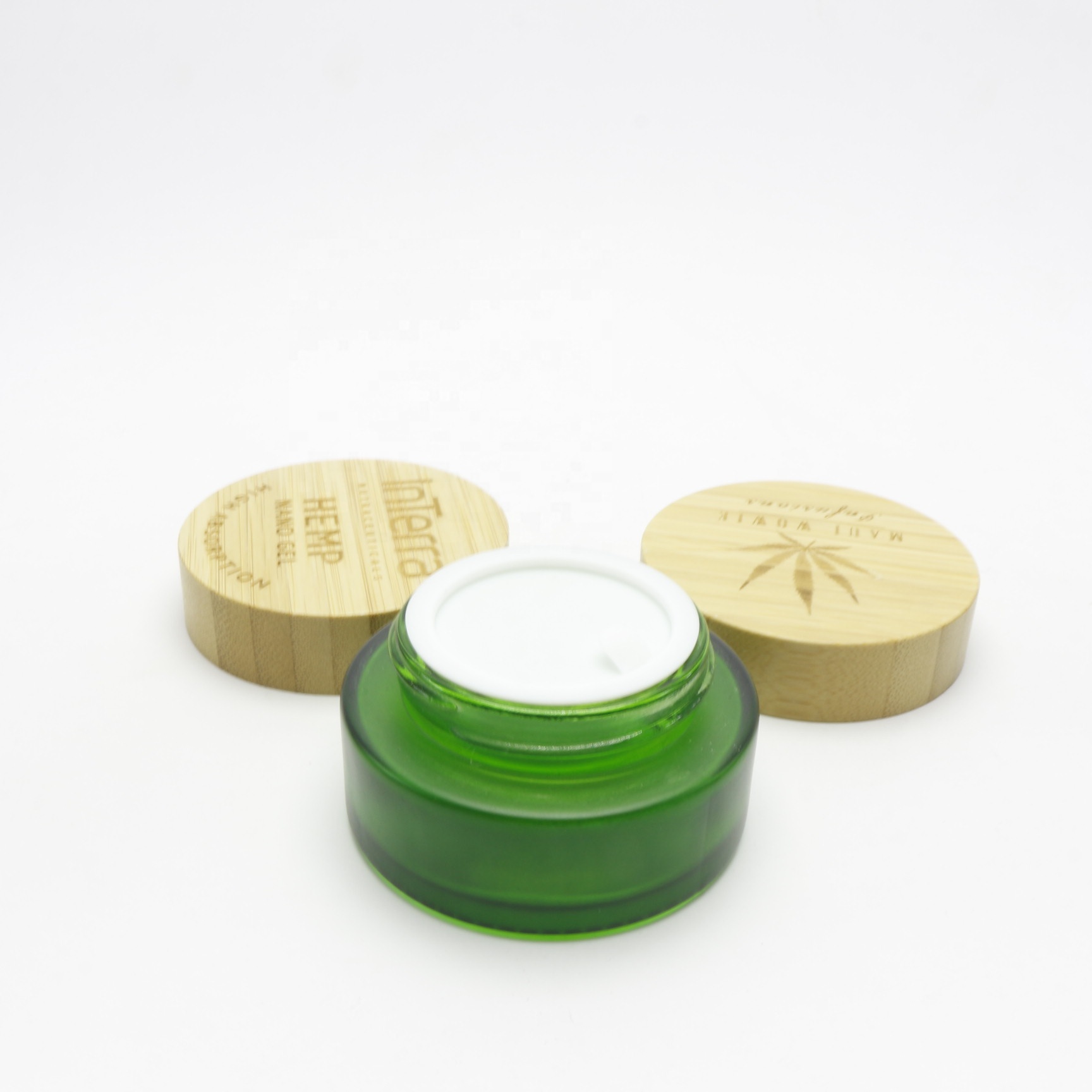 15ml 30ml 50ml 100ml frosted green glass jars with hot stamping printing with bambo lid GJ-255K