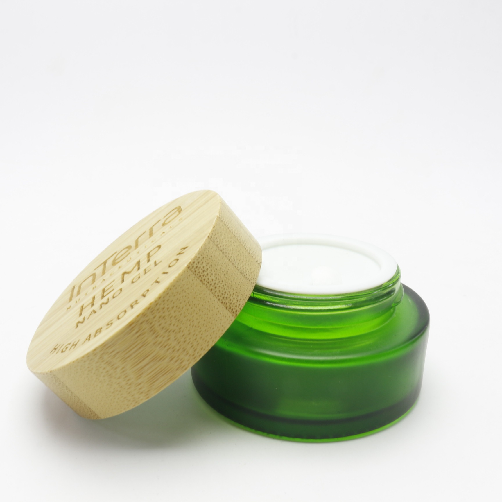 15ml 30ml 50ml 100ml frosted green glass jars with hot stamping printing with bambo lid GJ-255K