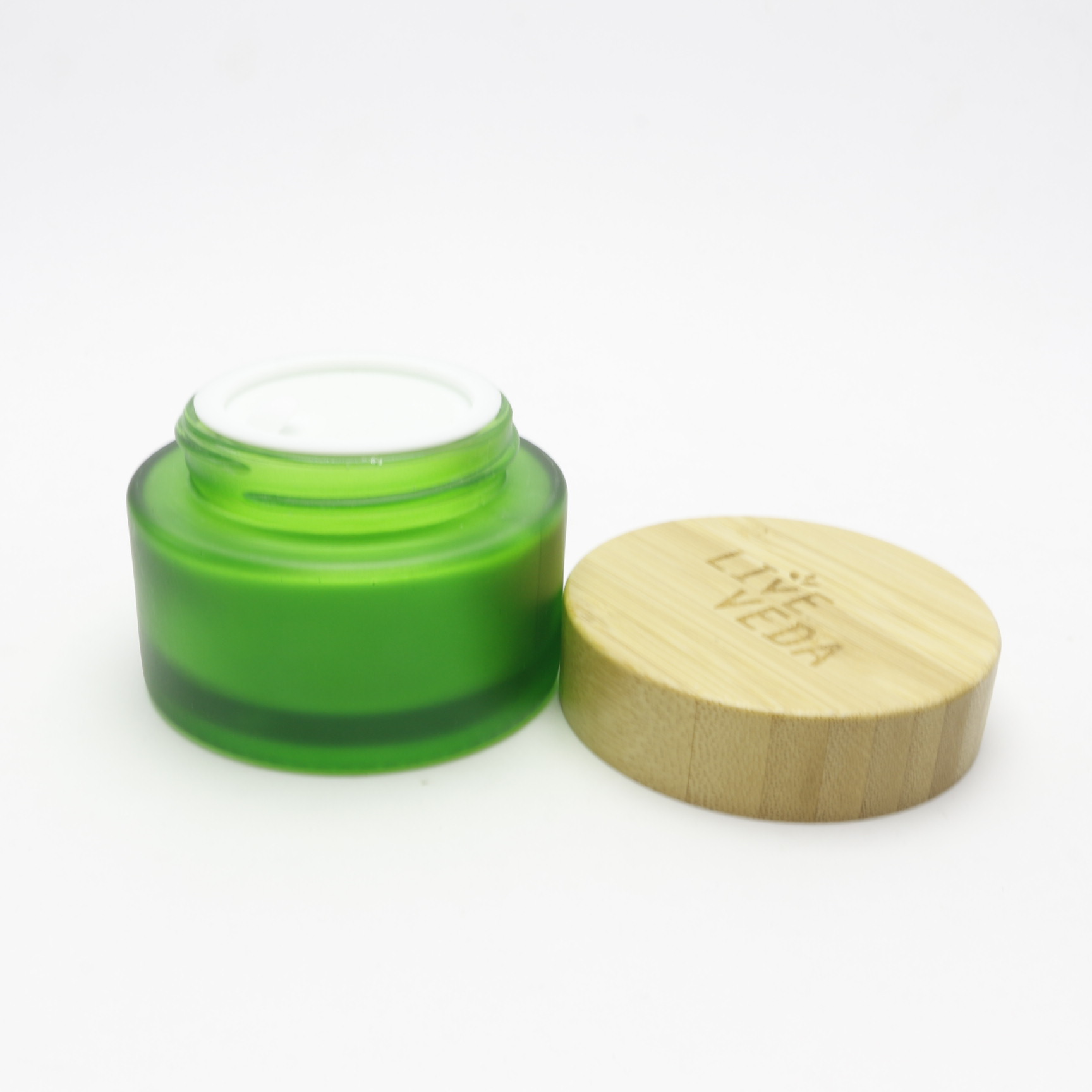 15ml 30ml 50ml 100ml frosted green glass jars with hot stamping printing with bambo lid GJ-255K
