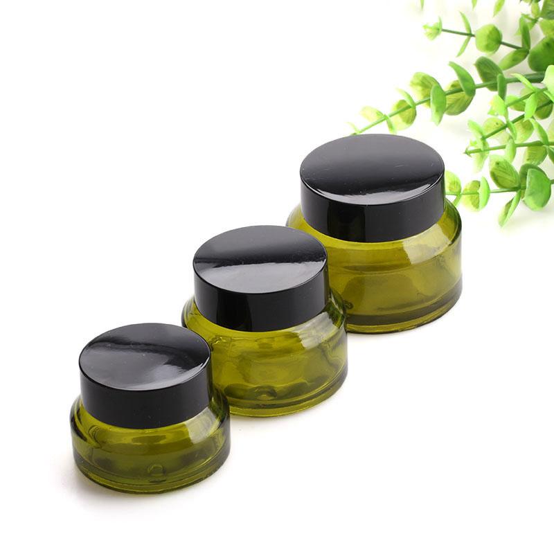 15ml 30ml 50ml Amber Green Cosmetic Cream Glass Jars with Black lids