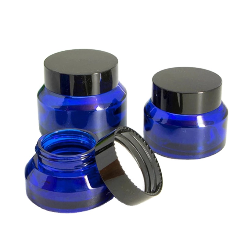 15ml 30ml 50ml Cobalt Blue Slant Oblique Shoulder Glass Cream Screwtop Jar Container with Black Plastic Lid