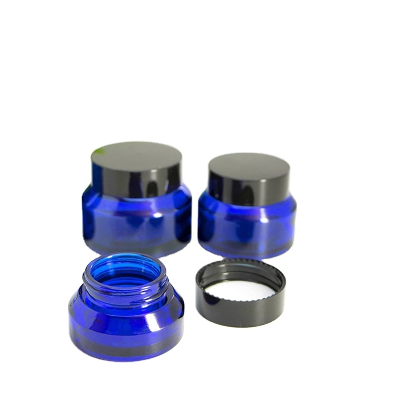 15ml 30ml 50ml Cobalt Blue Slant Oblique Shoulder Glass Cream Screwtop Jar Container with Black Plastic Lid