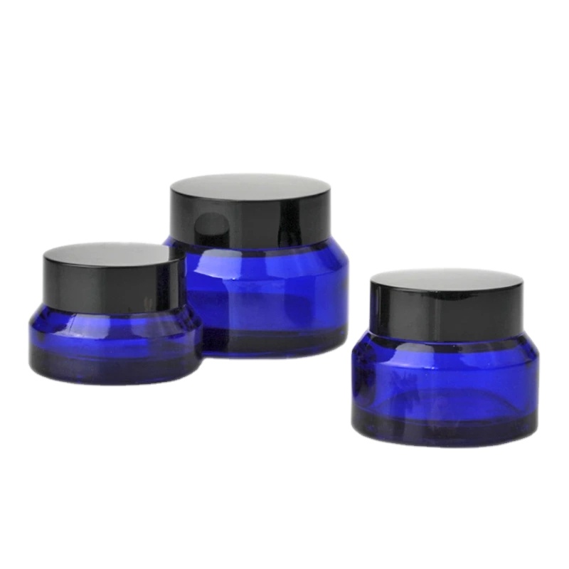 15ml 30ml 50ml Cobalt Blue Slant Oblique Shoulder Glass Cream Screwtop Jar Container with Black Plastic Lid