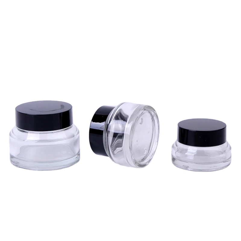 15ml 30ml 50ml Transparent Slant Oblique Shoulder Glass Cream Screwtop Jar Container with Black Plastic Lid