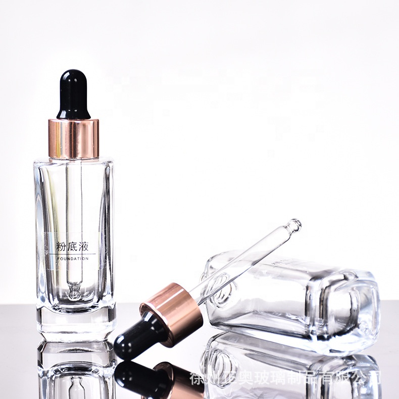 15ml 30ml 50ml clear square cosmetic essential oil serum glass dropper bottle