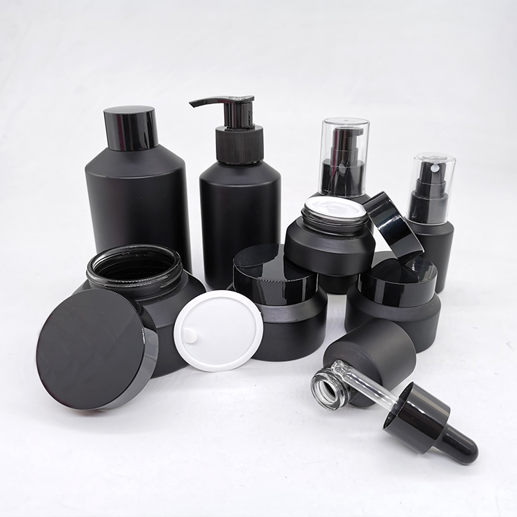 15ml 30ml 60ml 100ml 120ml 200ml glass dropper pump spray bottles jars cosmetic packaging black matte frosted glass bottle