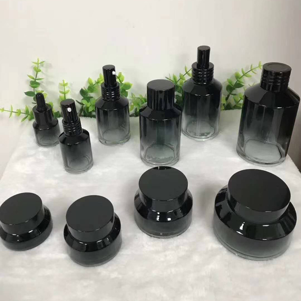 15ml 30ml 60ml 100ml 125ml 200ml custom transparent black cosmetic slanted shoulder glass foundation lotion cream bottle and jar