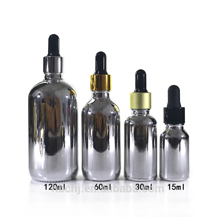 15ml 30ml 60ml 120ml 30 ml silver plated Serum round glass dropper bottle with black and silver dropper cap