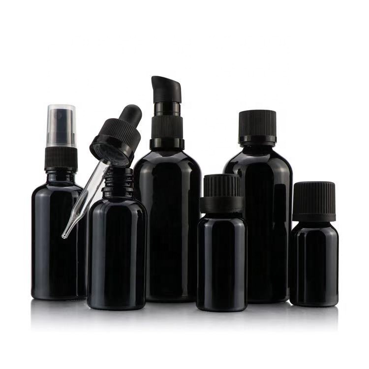 15ml 30ml 60ml black frosted Cosmetic packaging jar and bottle with violet screw top dropper pump for essential oil bottle
