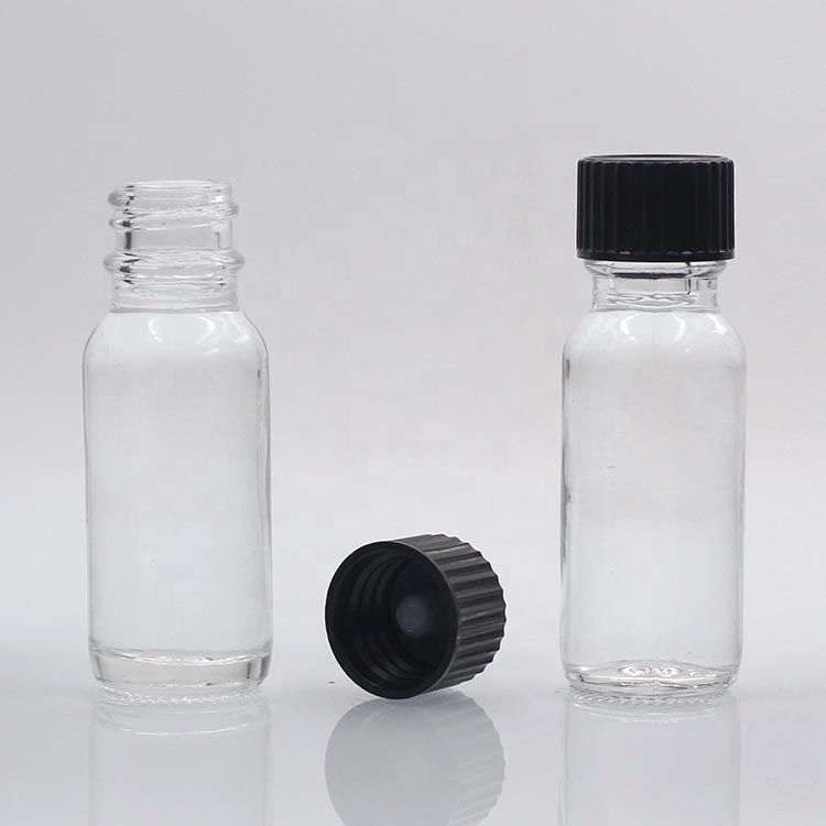 15ml Clear Cosmetic Boston Round Glass Essential Oil Bottle With Black Childproof Cap