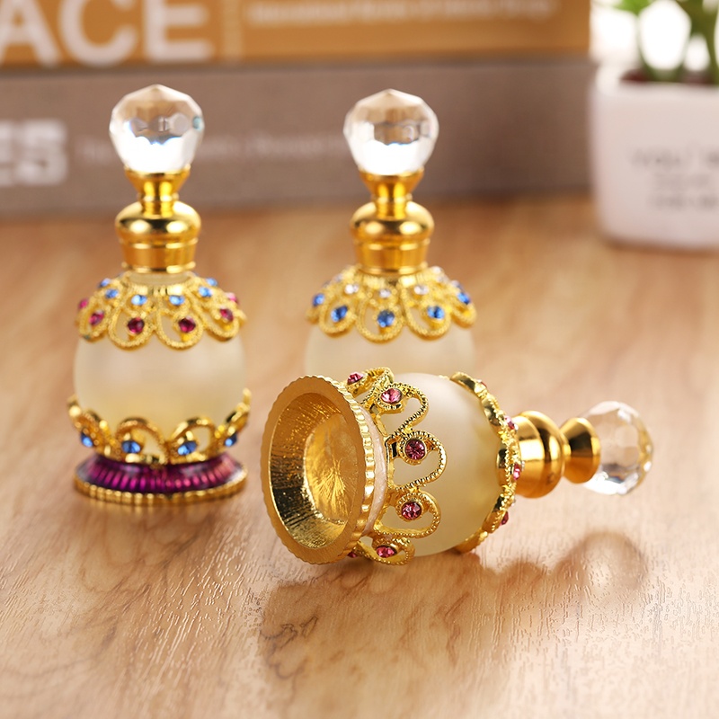 15ml European Middle East Dubai Metal Alloy Patented Jewelry Stones Perfume Bottle Empty Glass Essential Oil Attar Bottle#81135S