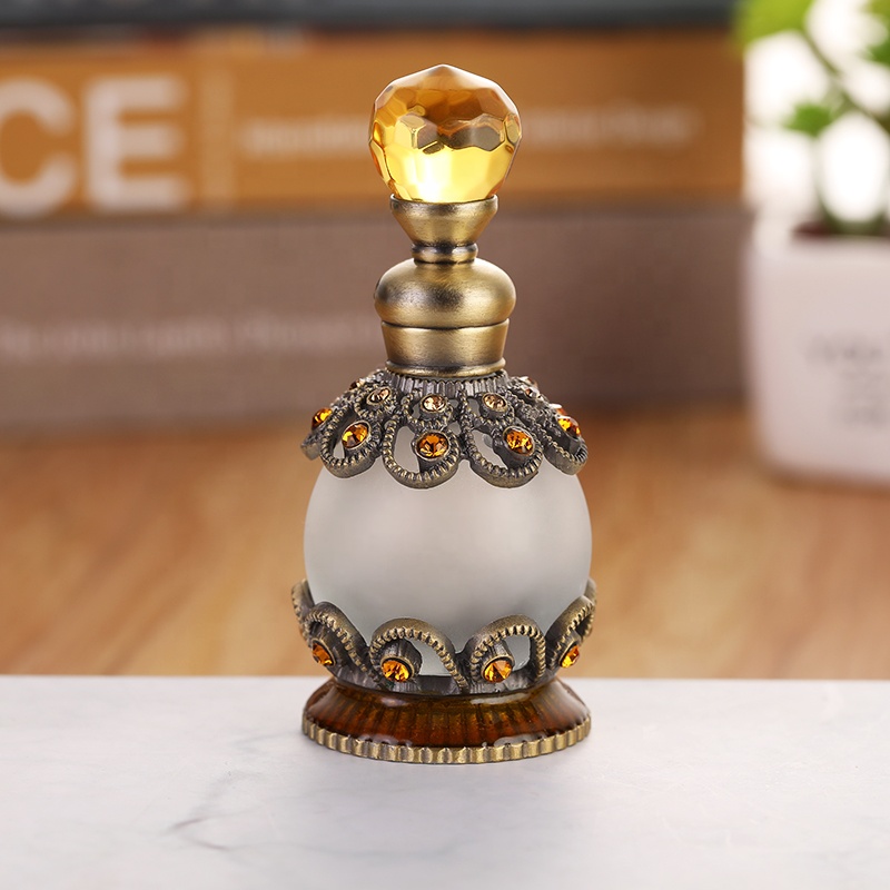 15ml European Middle East Dubai Metal Alloy Patented Jewelry Stones Perfume Bottle Empty Glass Essential Oil Attar Bottle#81135S