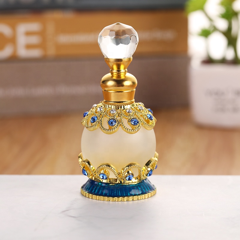 15ml European Middle East Dubai Metal Alloy Patented Jewelry Stones Perfume Bottle Empty Glass Essential Oil Attar Bottle#81135S