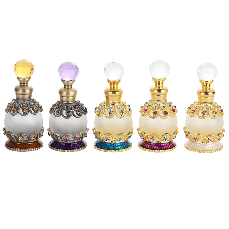 15ml European Middle East Dubai Metal Alloy Patented Jewelry Stones Perfume Bottle Empty Glass Essential Oil Attar Bottle#81135S