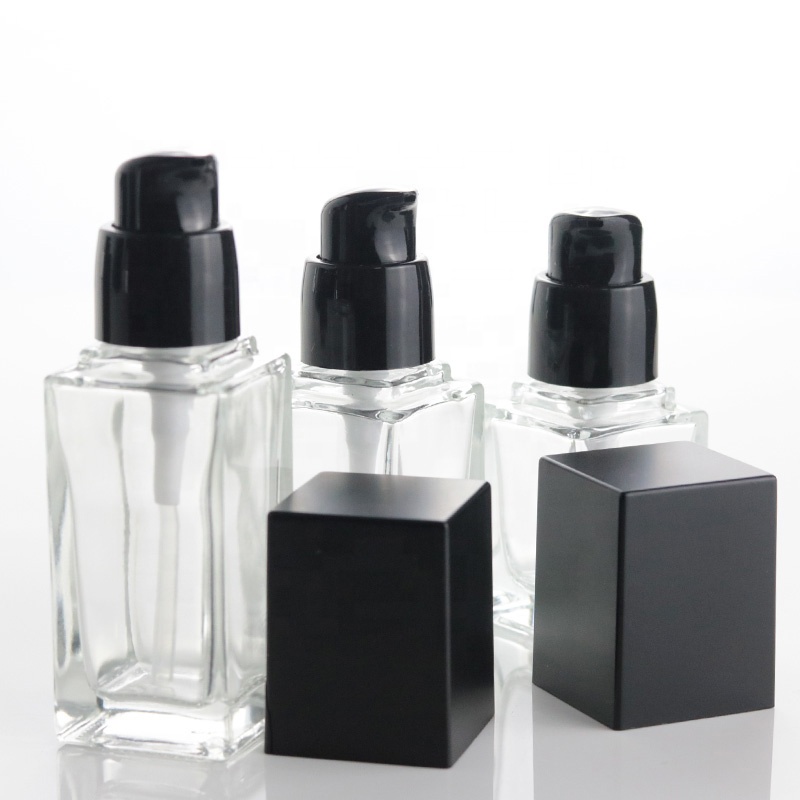 15ml Luxury Clear Square Cosmetic Flat Liquid Bottle Foundation Serum Glass Bottle With Black Lotion Pump (EPG07-15)