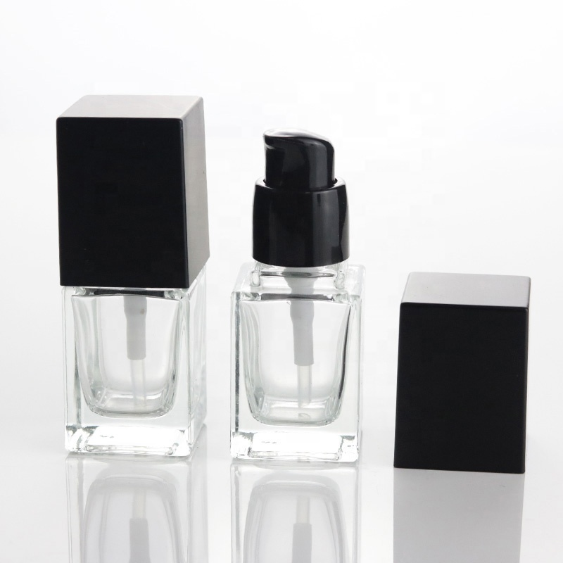 15ml Luxury Clear Square Cosmetic Flat Liquid Bottle Foundation Serum Glass Bottle With Black Lotion Pump (EPG07-15)
