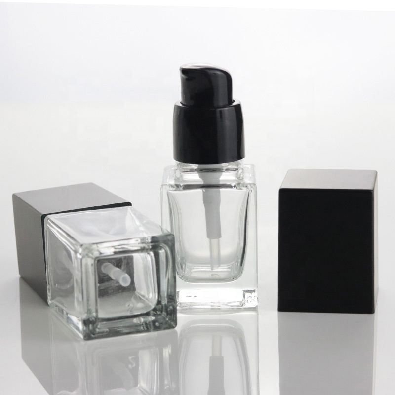 15ml Luxury Clear Square Cosmetic Flat Liquid Bottle Foundation Serum Glass Bottle With Black Lotion Pump (EPG07-15)