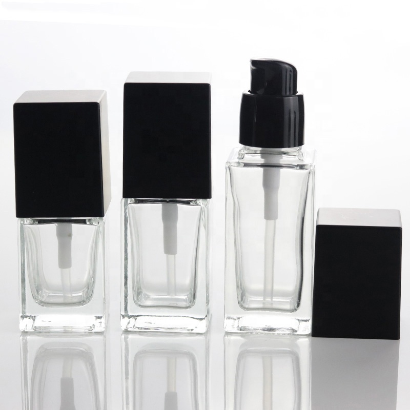 15ml Luxury Clear Square Cosmetic Flat Liquid Bottle Foundation Serum Glass Bottle With Black Lotion Pump (EPG07-15)