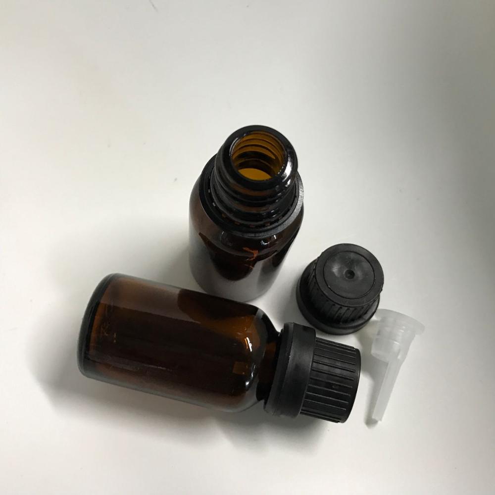 15ml amber essential oil bottle with black temper evident screw cap and dropper insert