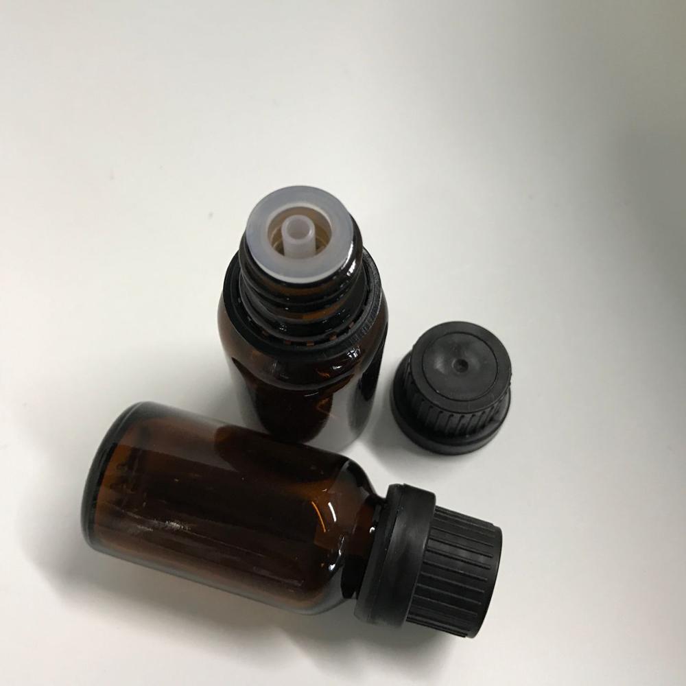 15ml amber essential oil bottle with black temper evident screw cap and dropper insert