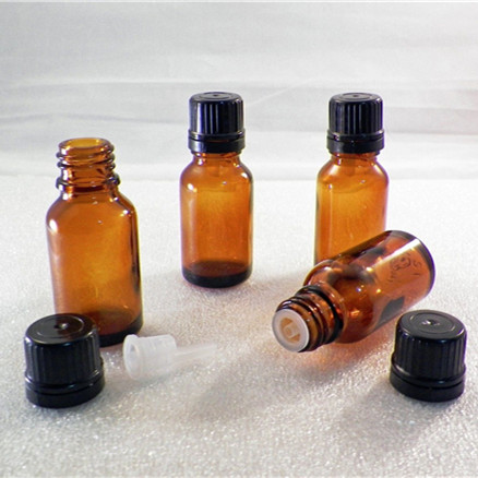 15ml amber essential oil bottle with black temper evident screw cap and dropper insert