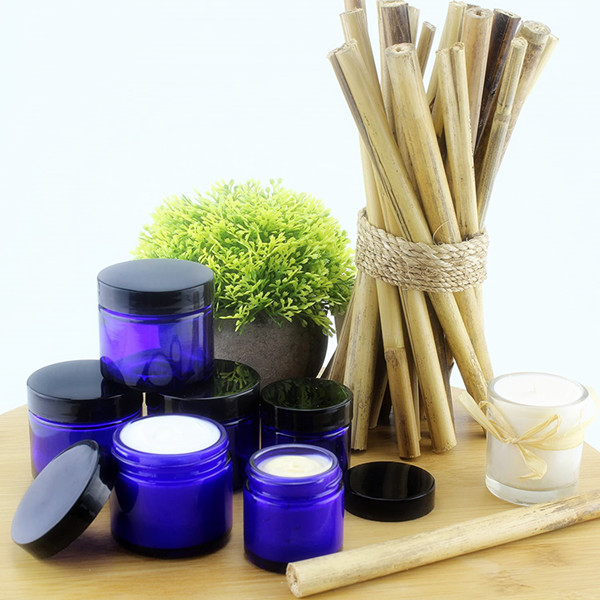 15pcs small packaging Stock wide mouth 2oz 60ml round cream blue cosmetic glass jar with lid