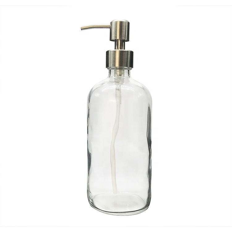 16 OZ 480 ML Clear Boston Round Glass Soap Bottle with Stainless Steel Pump