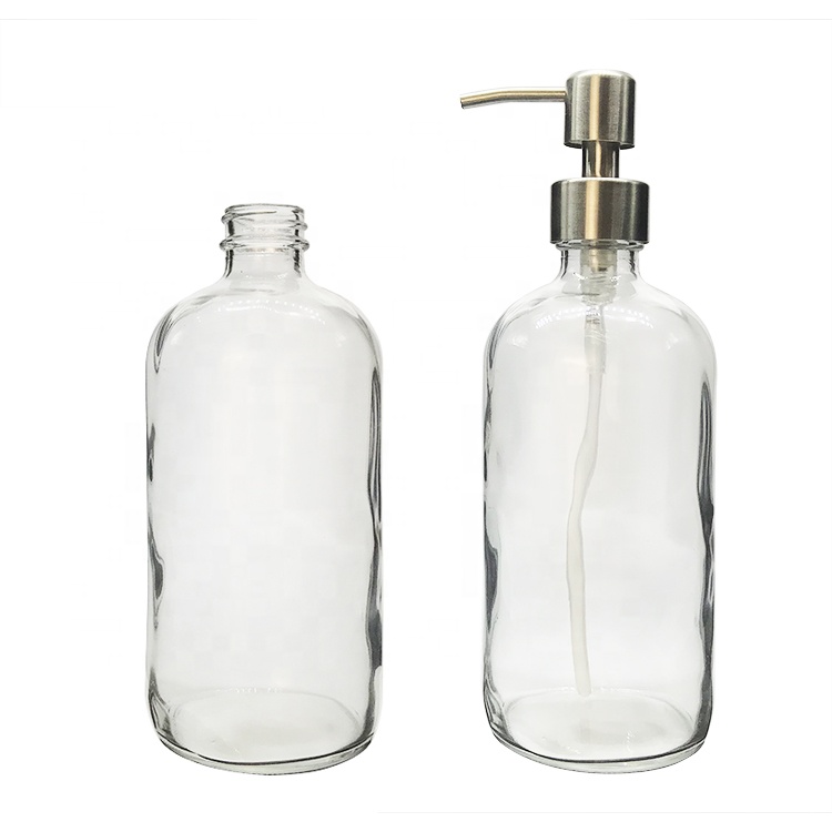 16 OZ 480 ML Clear Boston Round Glass Soap Bottle with Stainless Steel Pump