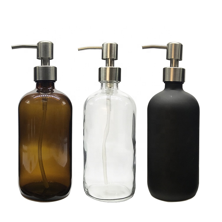 16 OZ 480 ML Clear Boston Round Glass Soap Bottle with Stainless Steel Pump