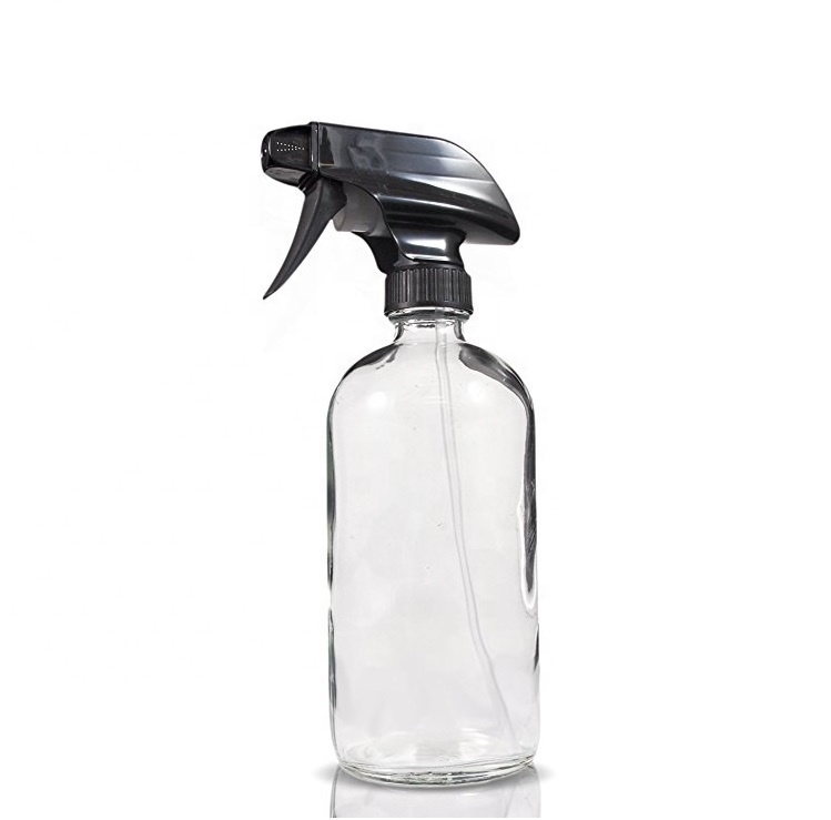16 OZ 480 ML Clear Glass Boston Round Bottle with 28 400 Black Sprayer