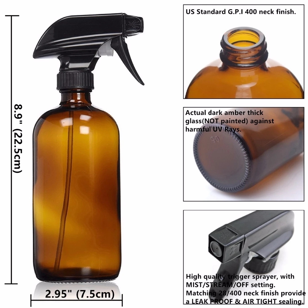 16 OZ 500ML Refillable Amber Glass Spray Bottle Essential Oil Glass Bottle With Black Trigger Spray Top