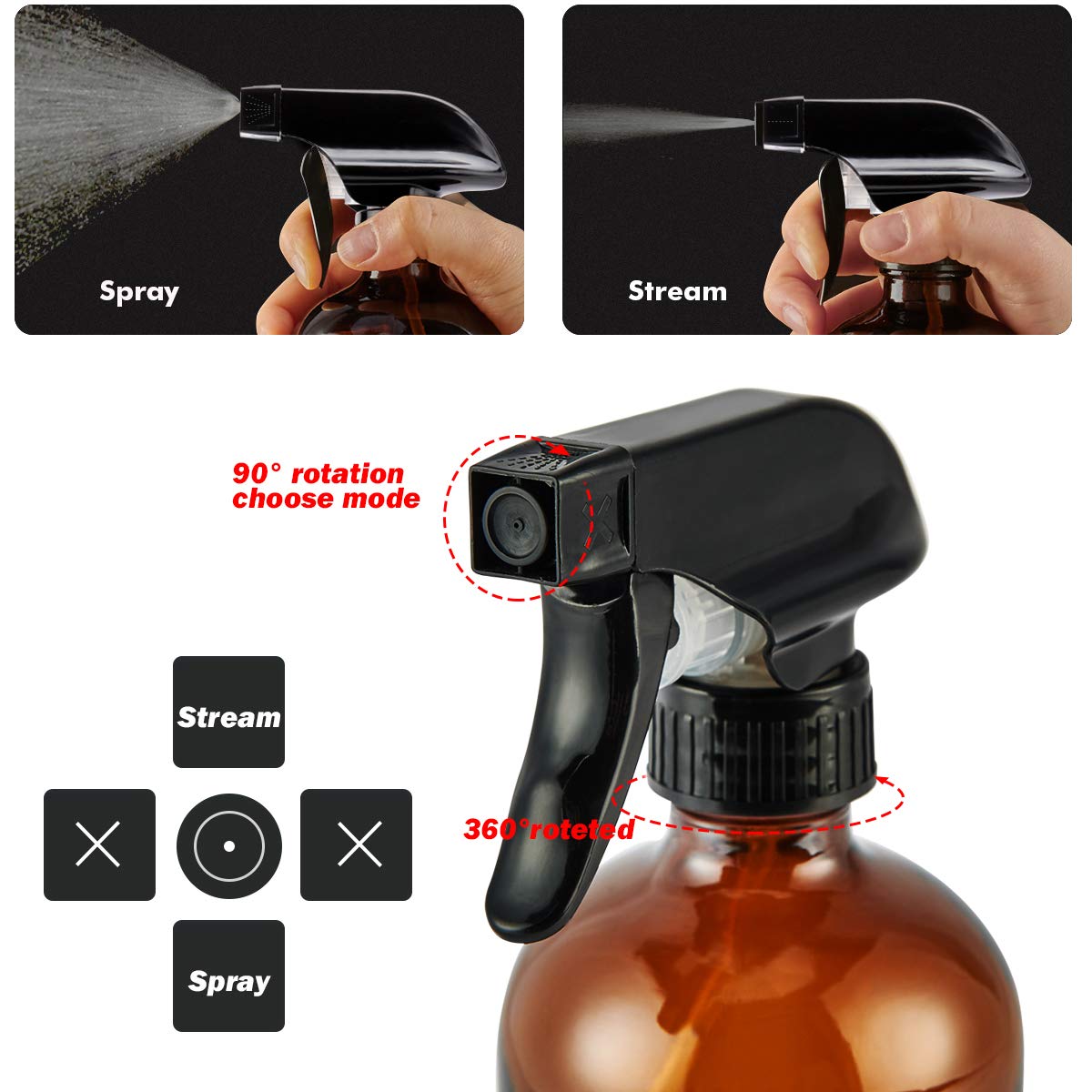 16 OZ 500ML Refillable Amber Glass Spray Bottle Essential Oil Glass Bottle With Black Trigger Spray Top