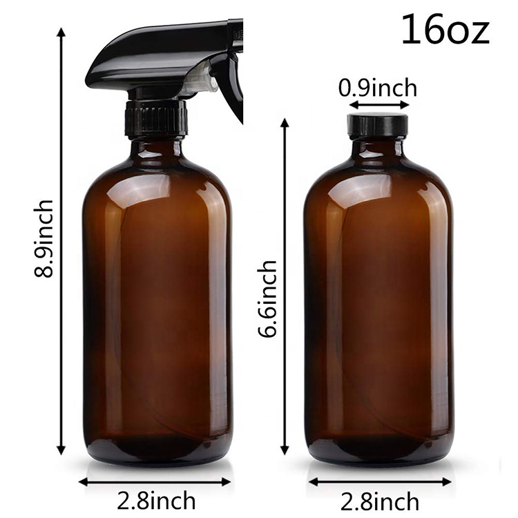 16 OZ 500ML Refillable Amber Glass Spray Bottle Essential Oil Glass Bottle With Black Trigger Spray Top