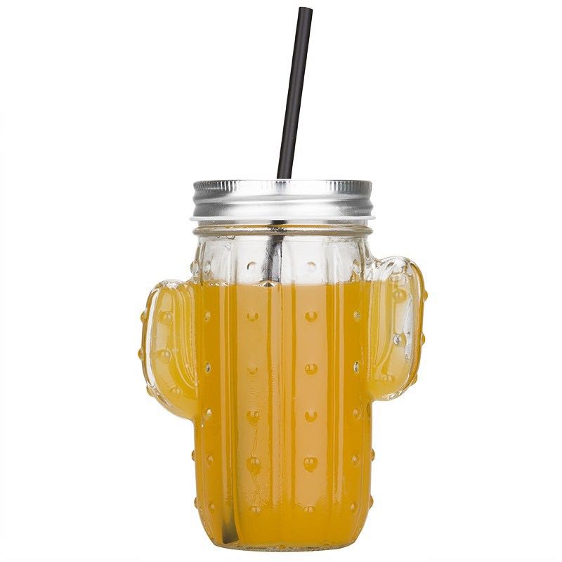 16 OZ  Cactus Shaped Glass Jar with Lid and Straw