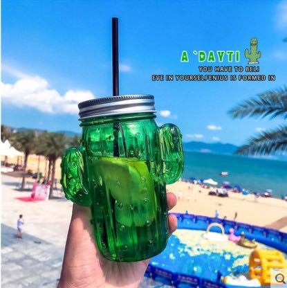 16 OZ Cactus Shaped Glass Jar with Lid and Straw