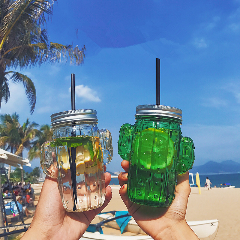 16 OZ Cactus Shaped Glass Jar with Lid and Straw