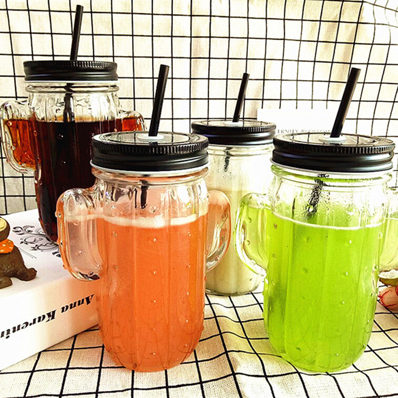16 OZ Cactus Shaped Glass Jar with Lid and Straw