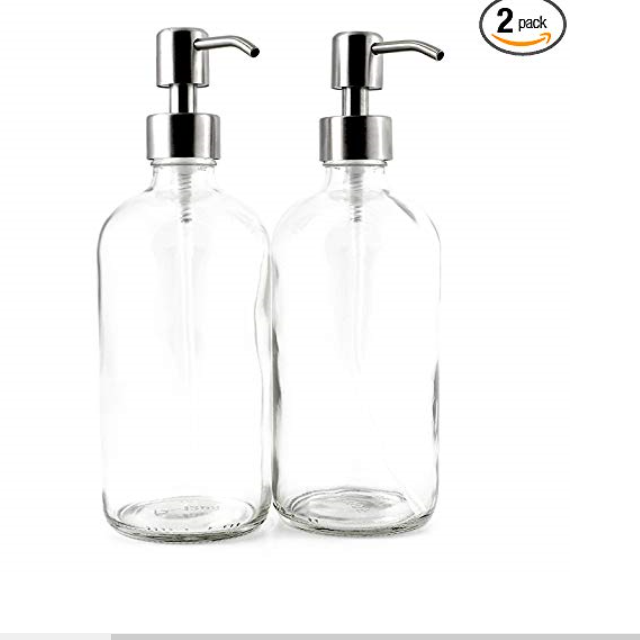 16-Ounce Clear Glass Boston Round Bottles w/Stainless Steel Pumps (2 Pack), Great for Essential Oils, Lotions, Liquid Soaps