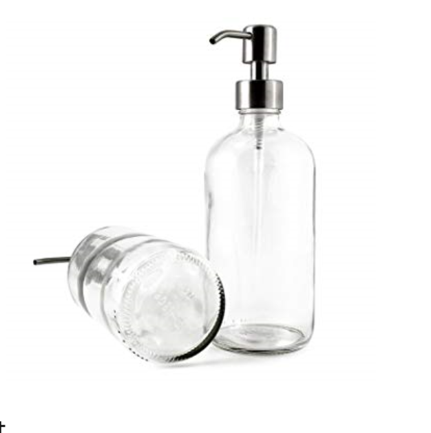 16-Ounce Clear Glass Boston Round Bottles w/Stainless Steel Pumps (2 Pack), Great for Essential Oils, Lotions, Liquid Soaps