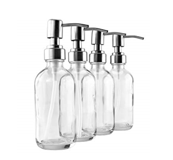 16-Ounce Clear Glass Boston Round Bottles w/Stainless Steel Pumps (2 Pack), Great for Essential Oils, Lotions, Liquid Soaps