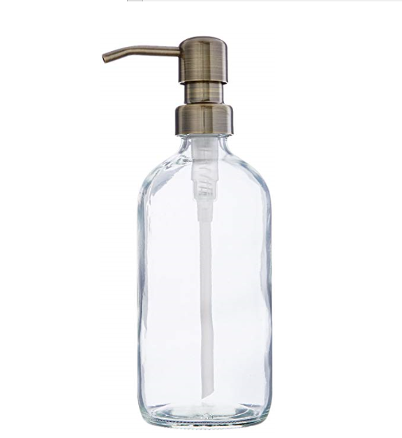 16-Ounce Clear Glass Boston Round Bottles w/Stainless Steel Pumps (2 Pack), Great for Essential Oils, Lotions, Liquid Soaps