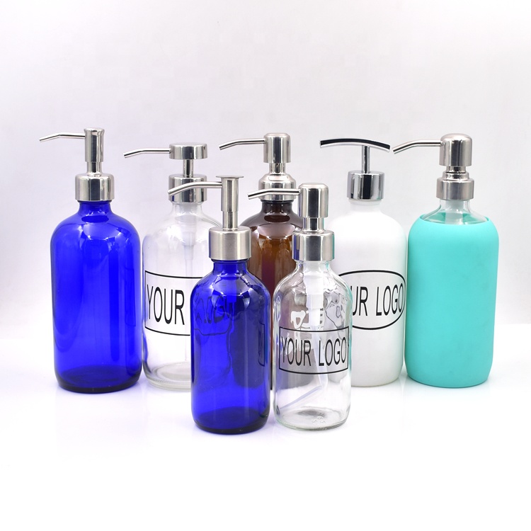 16 Ounce Clear Glass Boston Round Bottles with Stainless Steel Pumps Great for Essential Oils Lotions Liquid Soaps