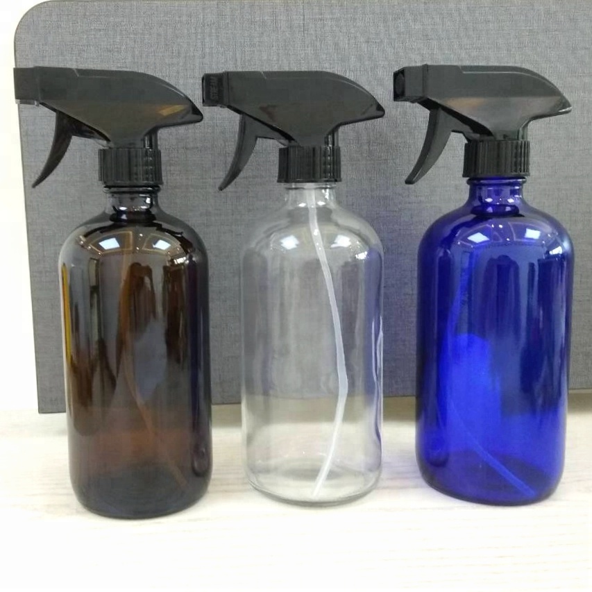 16 Oz 500ml Clear Blue Amber Boston Round Glass Bottle with Trigger