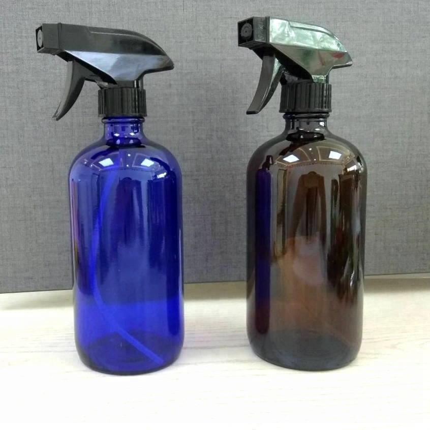 16 Oz 500ml Clear Blue Amber Boston Round Glass Bottle with Trigger