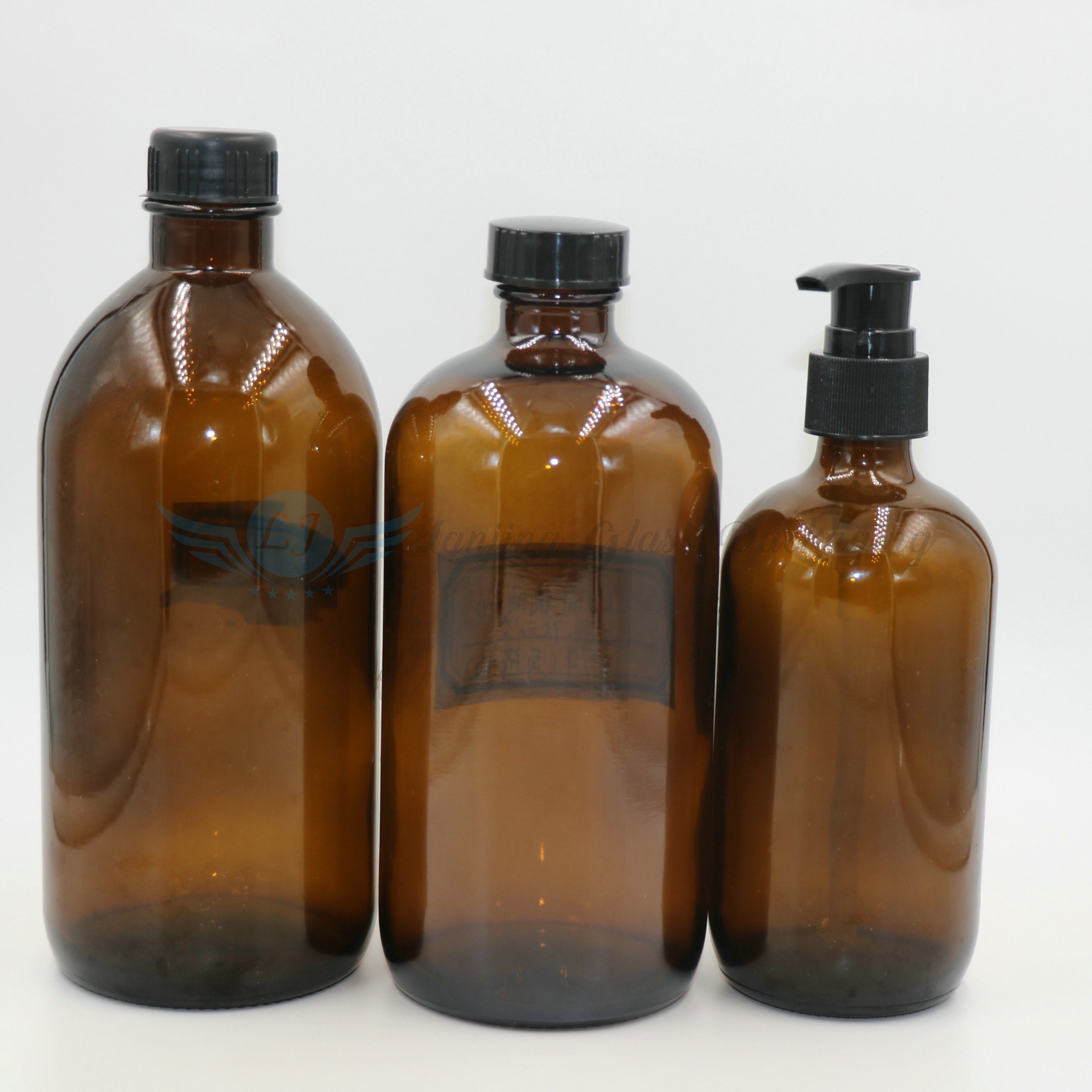 16 Oz Clear amber Boston Round 500ml Screw Cap Glass Bottle