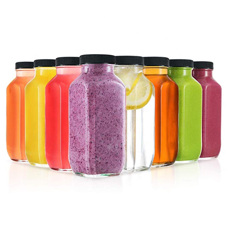 16 oz / 480 ml Clear Glass French Square Glass Drink Bottles for storing Juices, Smoothies, beverages, Kombucha